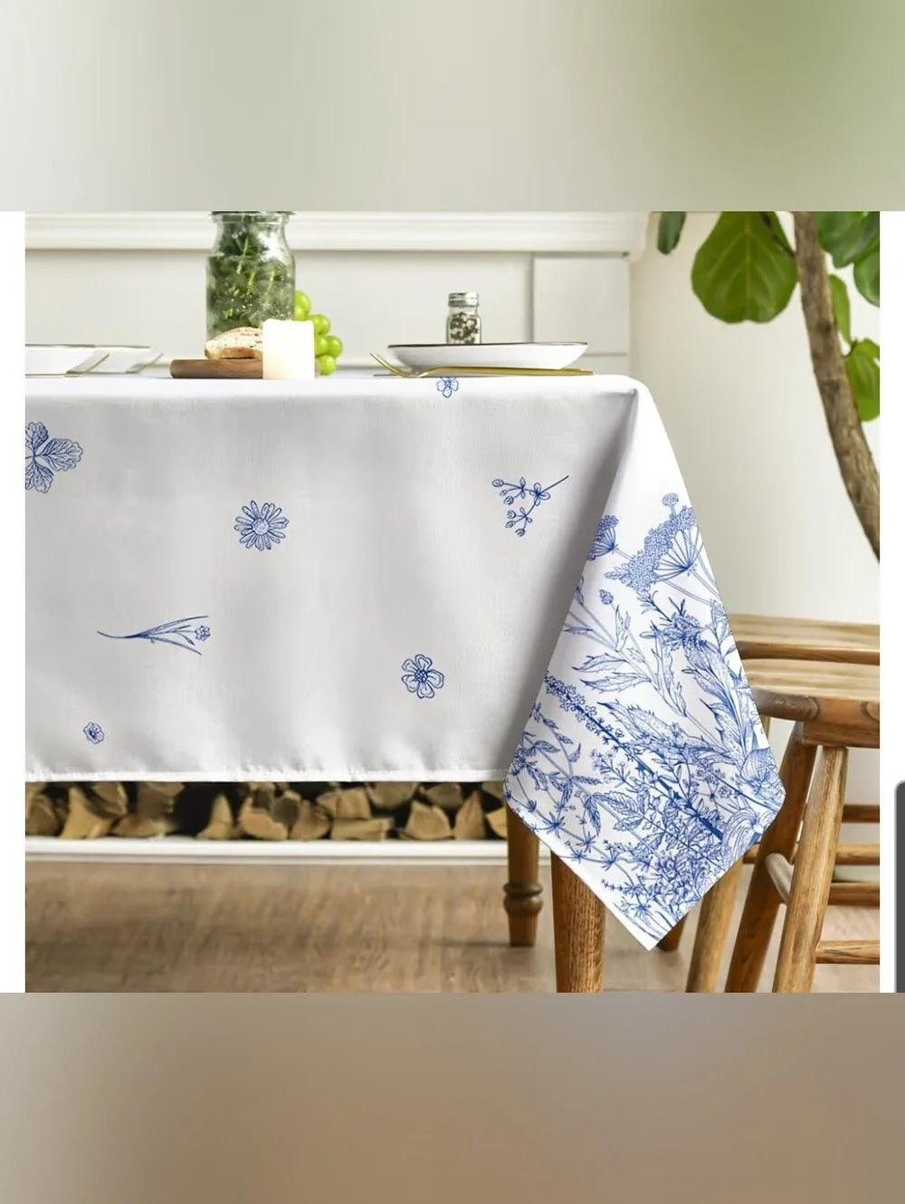 Blue Wildflower Border Washable Tablecloth - 52 X 70 Rectangular